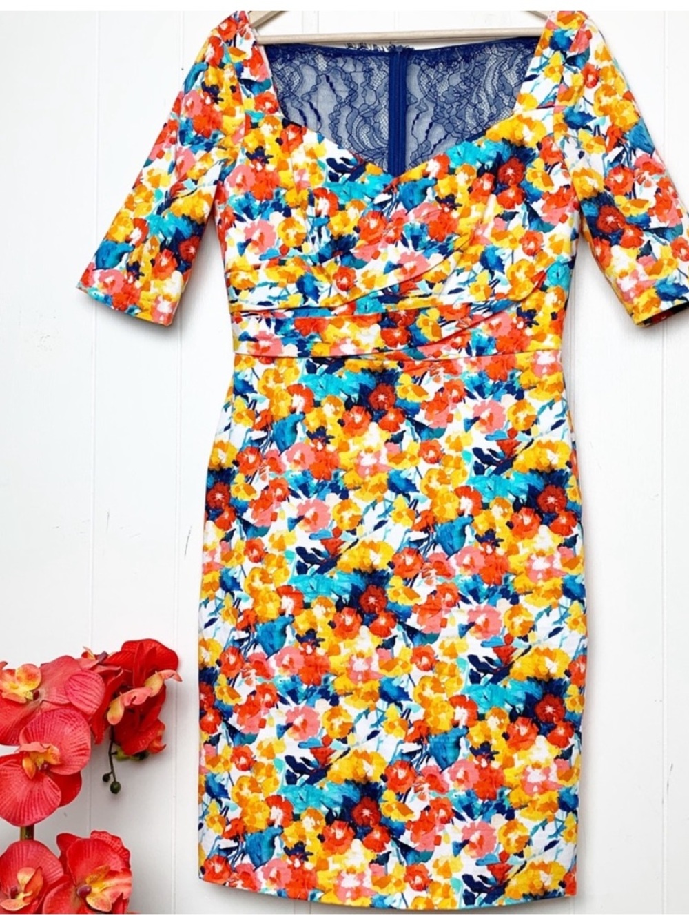 Theia Sweetheart Neckline Sheath Dress Ruching Orange Floral & Blue Lace Size 6